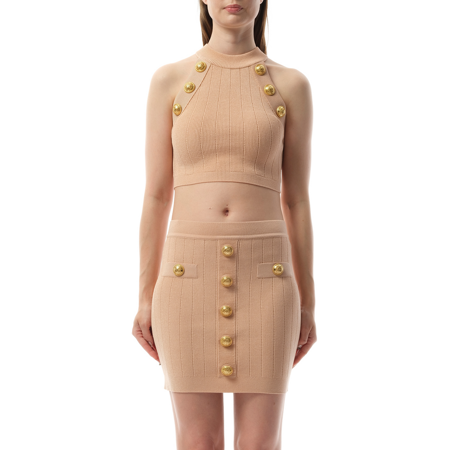 6 Button Halterneck Knit Cropped Top in Nude Rose