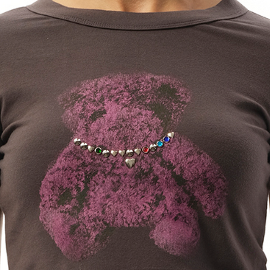 Womens Studded Bear Cropped T-Shirt in Charcoal