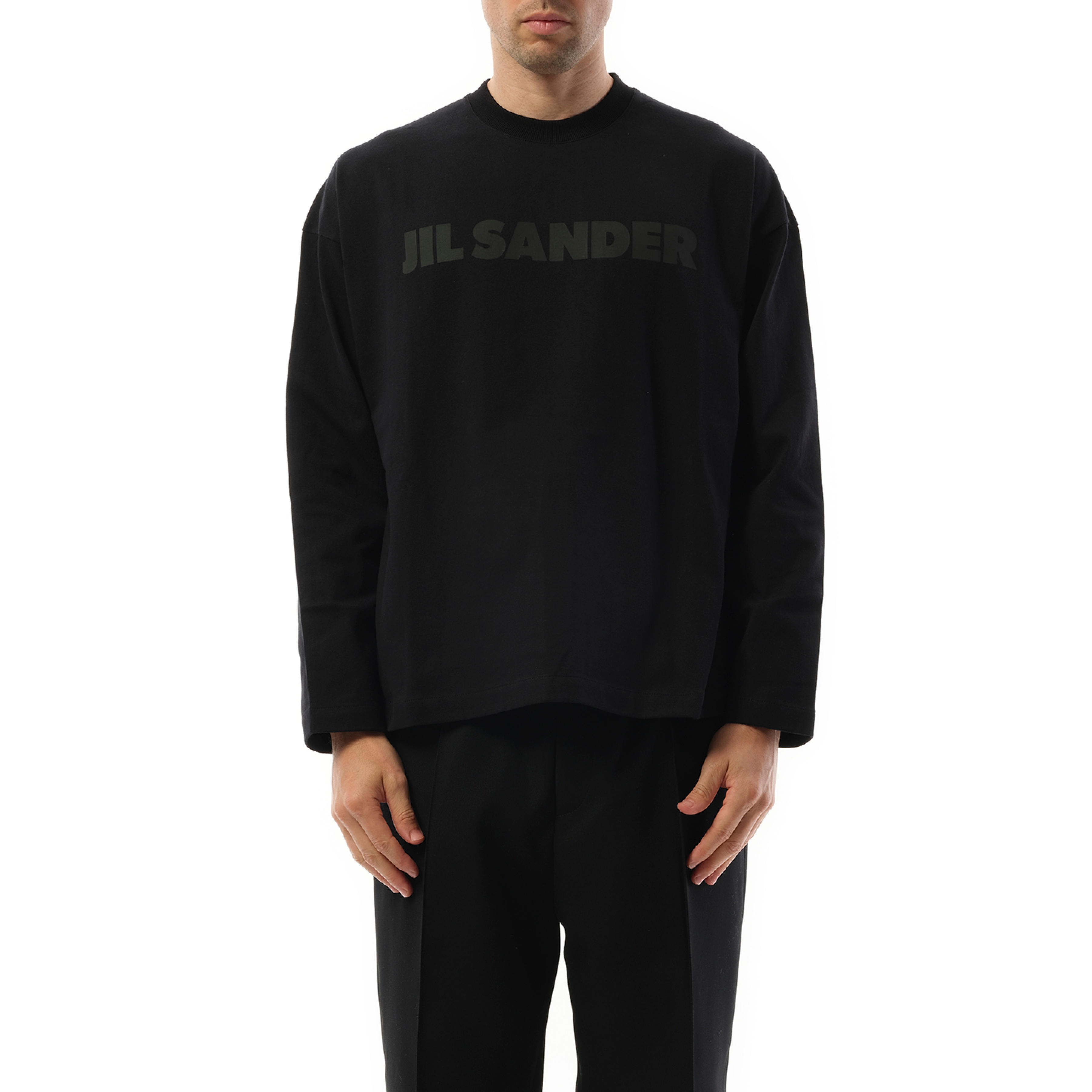 Tonal Jil Sander Logo Long Sleeve T-Shirt in Black