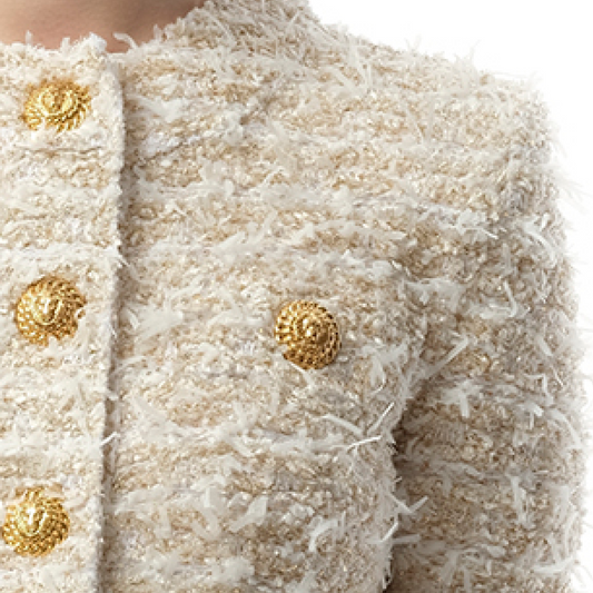 2 Pockets Buttoned Tweed Knit Crop Jacket in White/Gold