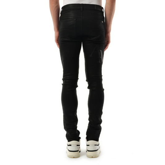 Waxed Staggered Logo Skinny Jeans in Black Wax