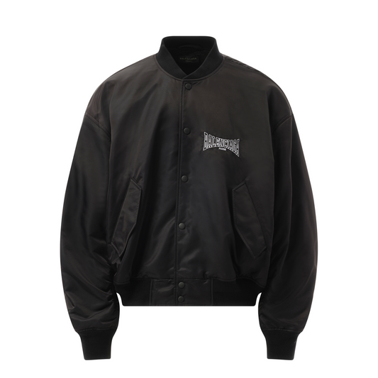 Nylon Bomber Varsity Jacket in Black