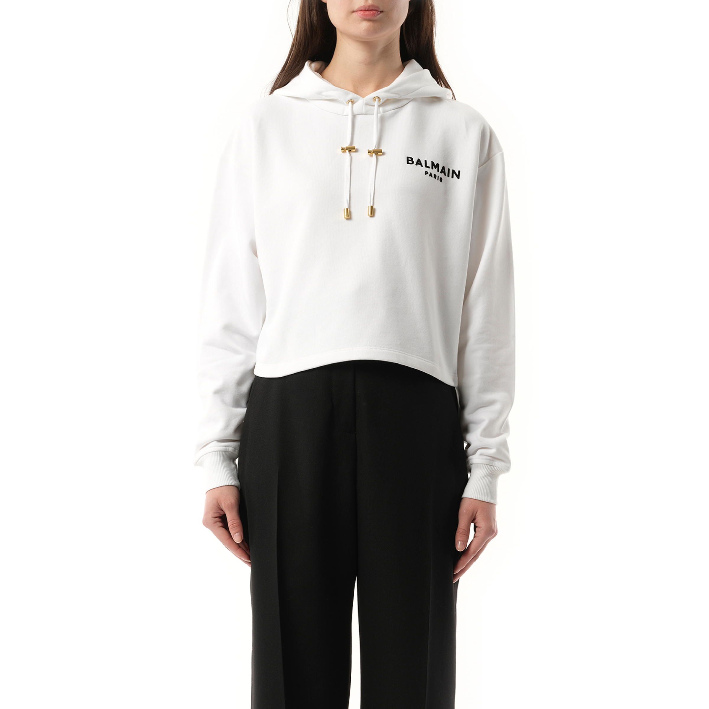 Balmain Flock Detail Cropped Hoodie in White/Black