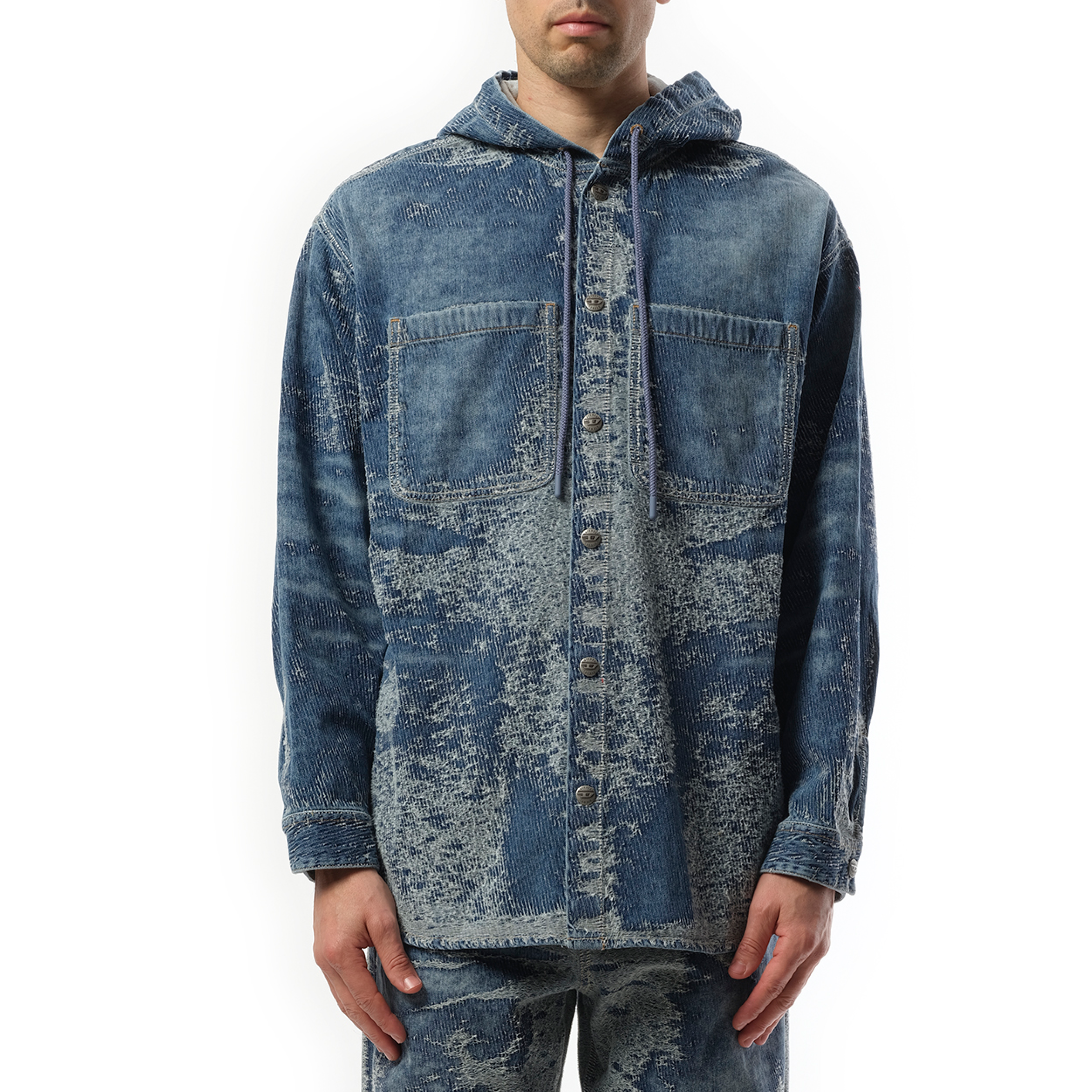 D-Dewnys Hooded Corduroy Shirt in Blue