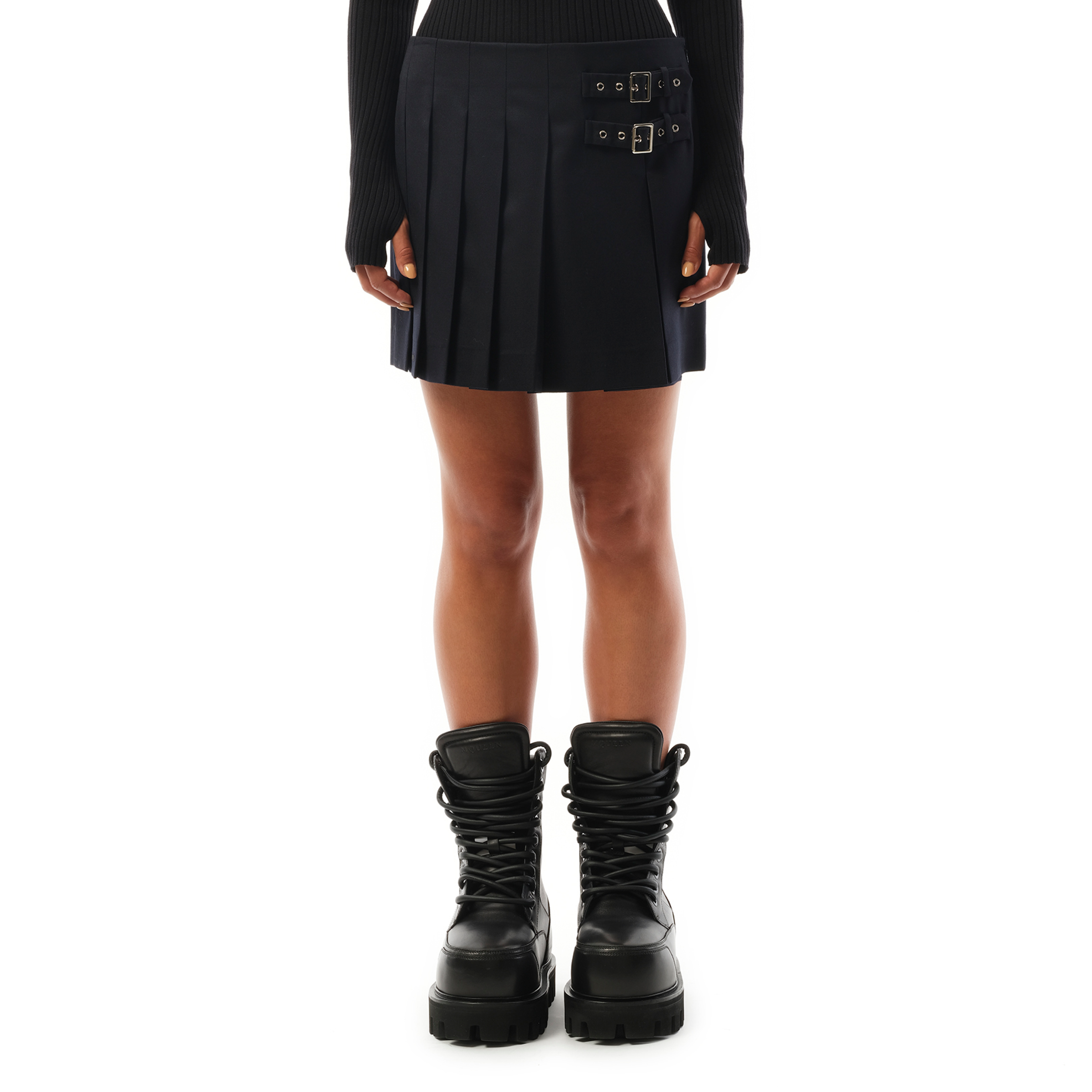 Belt Pleated Mini Skirt in Navy