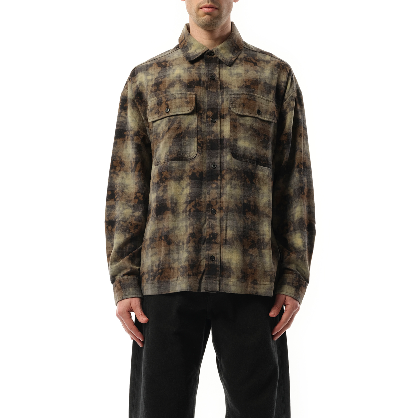 Long Sleeve Curved Logo Check Shirt in Grey/Off White