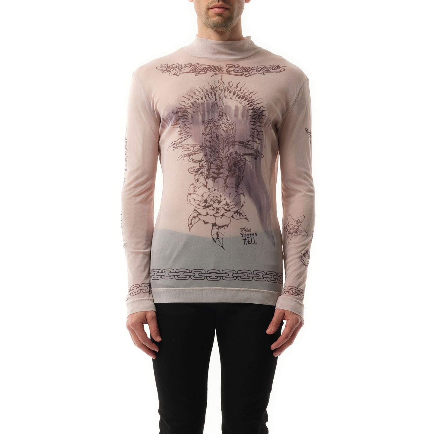 Tattoo Shrine Mesh Long Sleeve T-Shirt in Beige