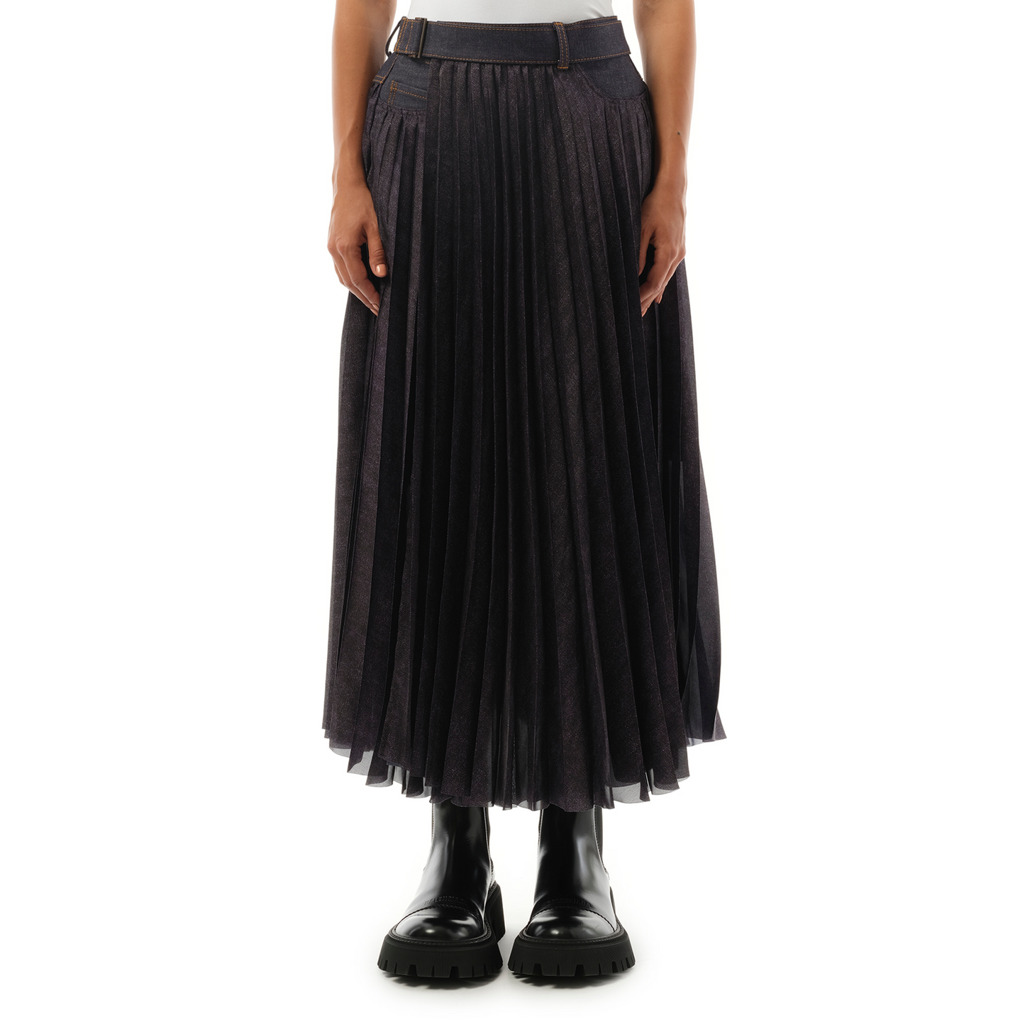 Denim Mix Pleat Skirt in Indigo