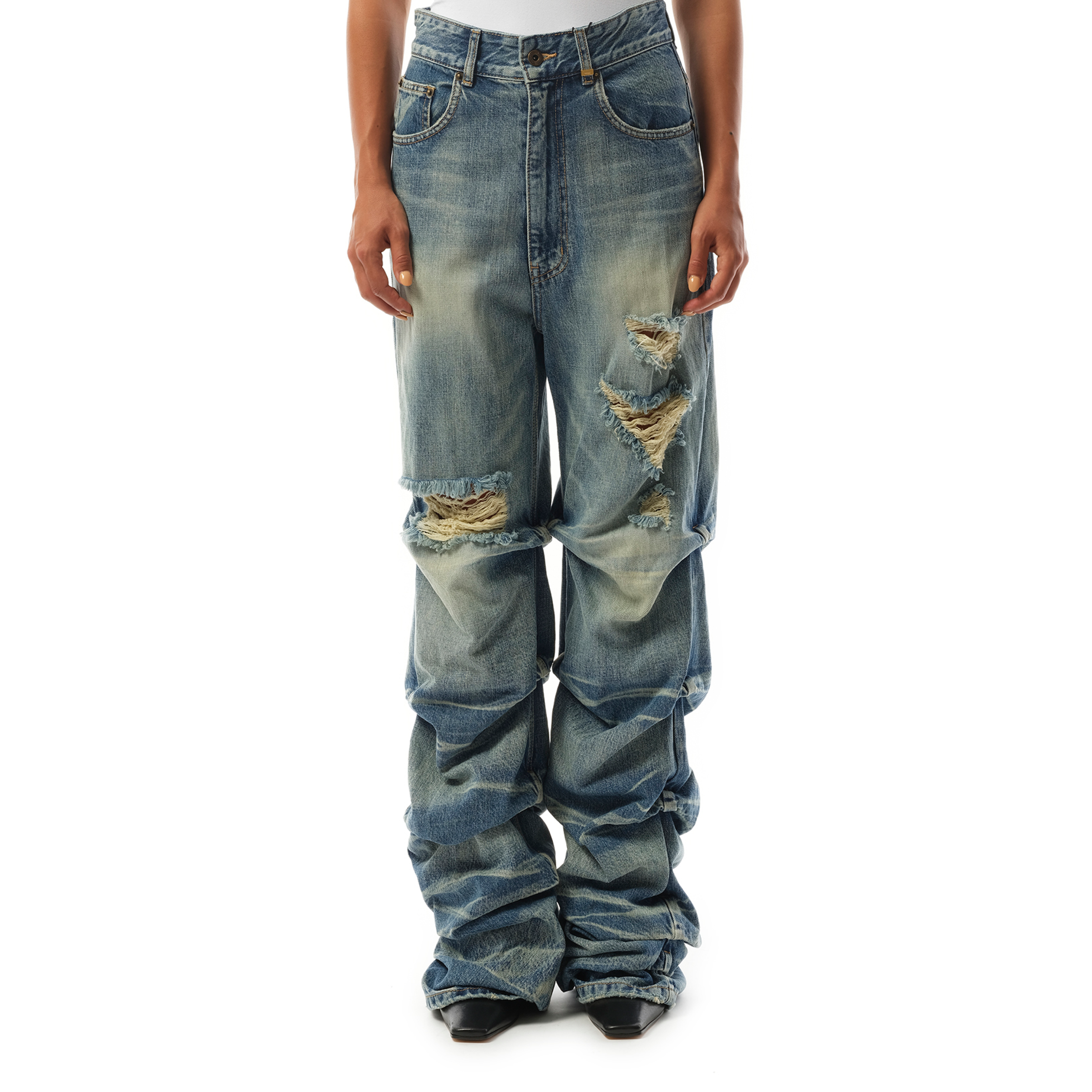 Wrinkled Straight Denim Trousers in Blue