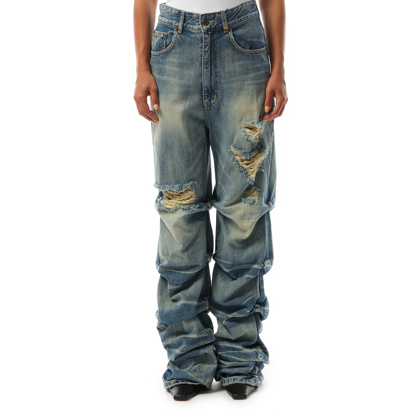 Wrinkled Straight Denim Trousers in Blue