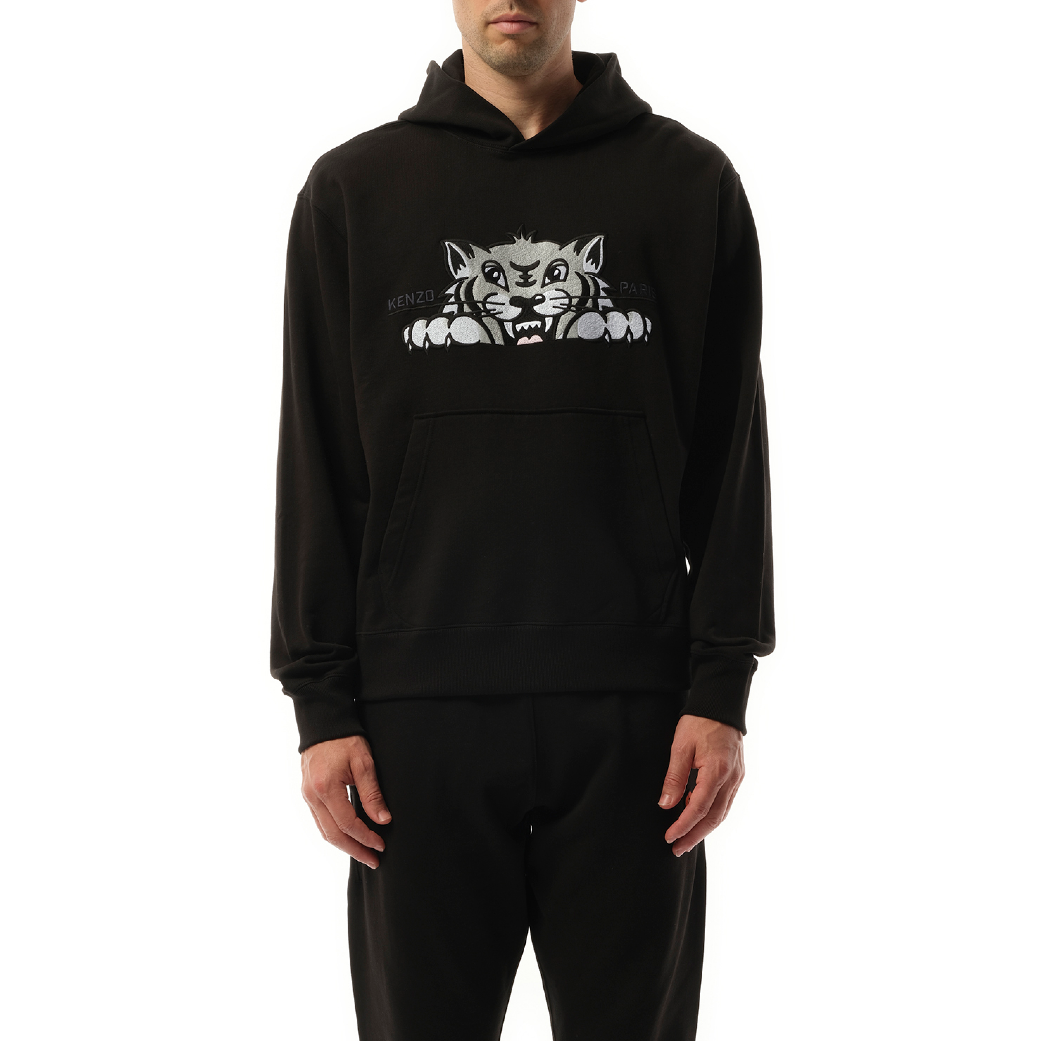 Kenzo Happy Tiger Embroidered Classic Hoodie in Black