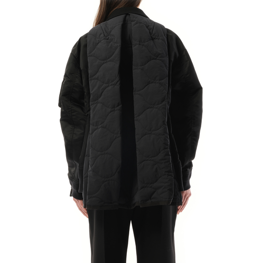 Wool Melton x Nylon Twill Quilted Coat in Black