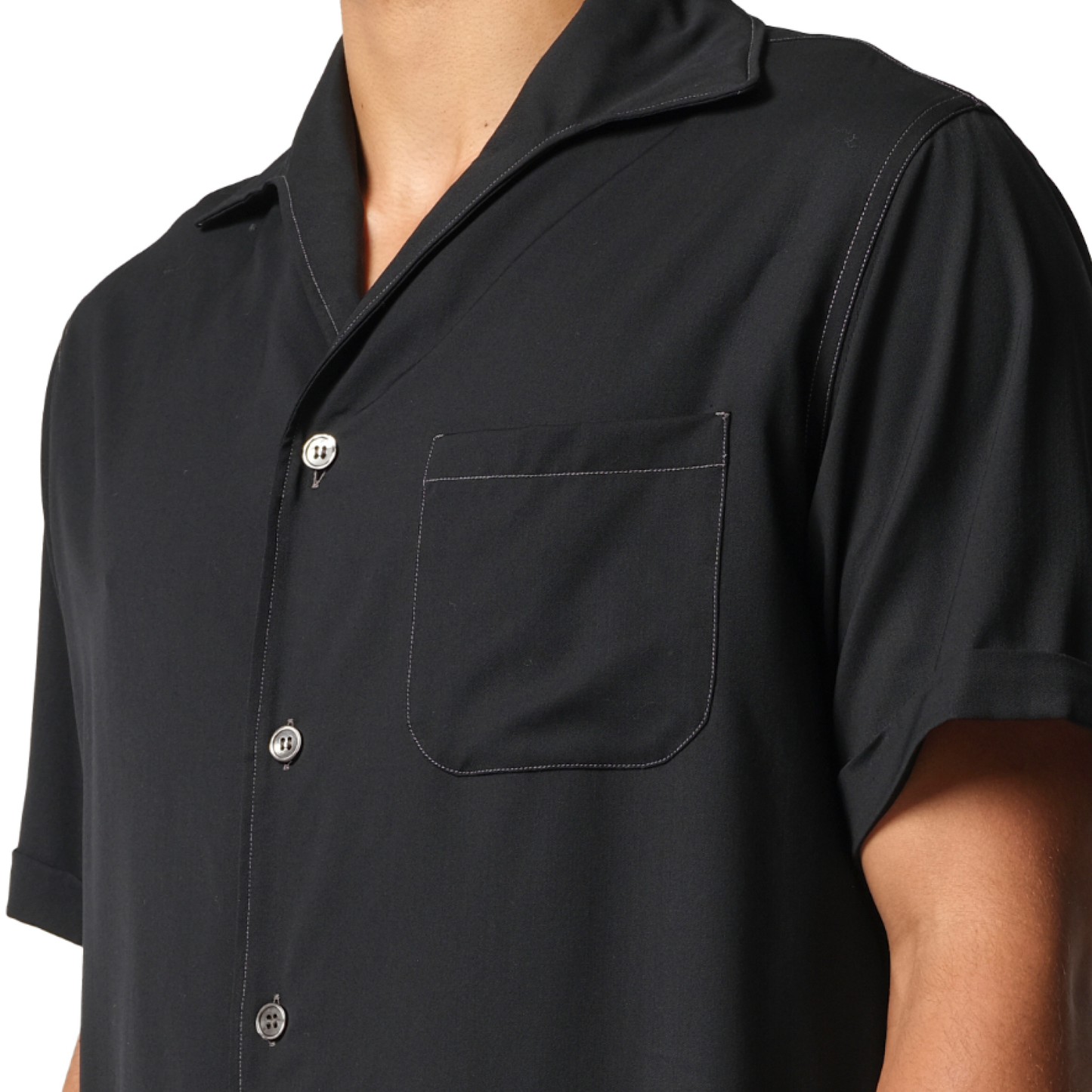 Fine Wool Short-sleeved Shirt in Black