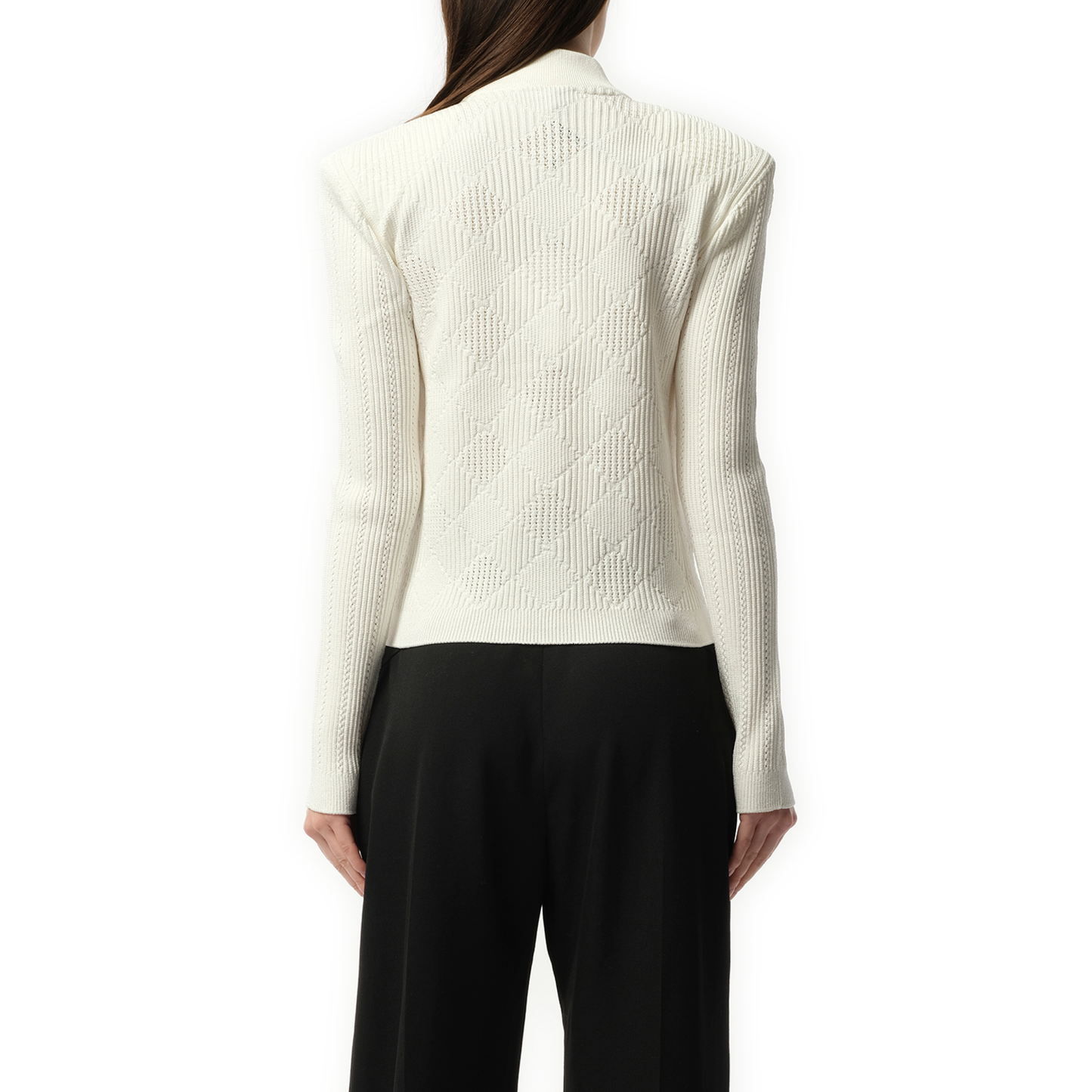 Buttoned 2 Pockets Vichy Knit Cardigan in White