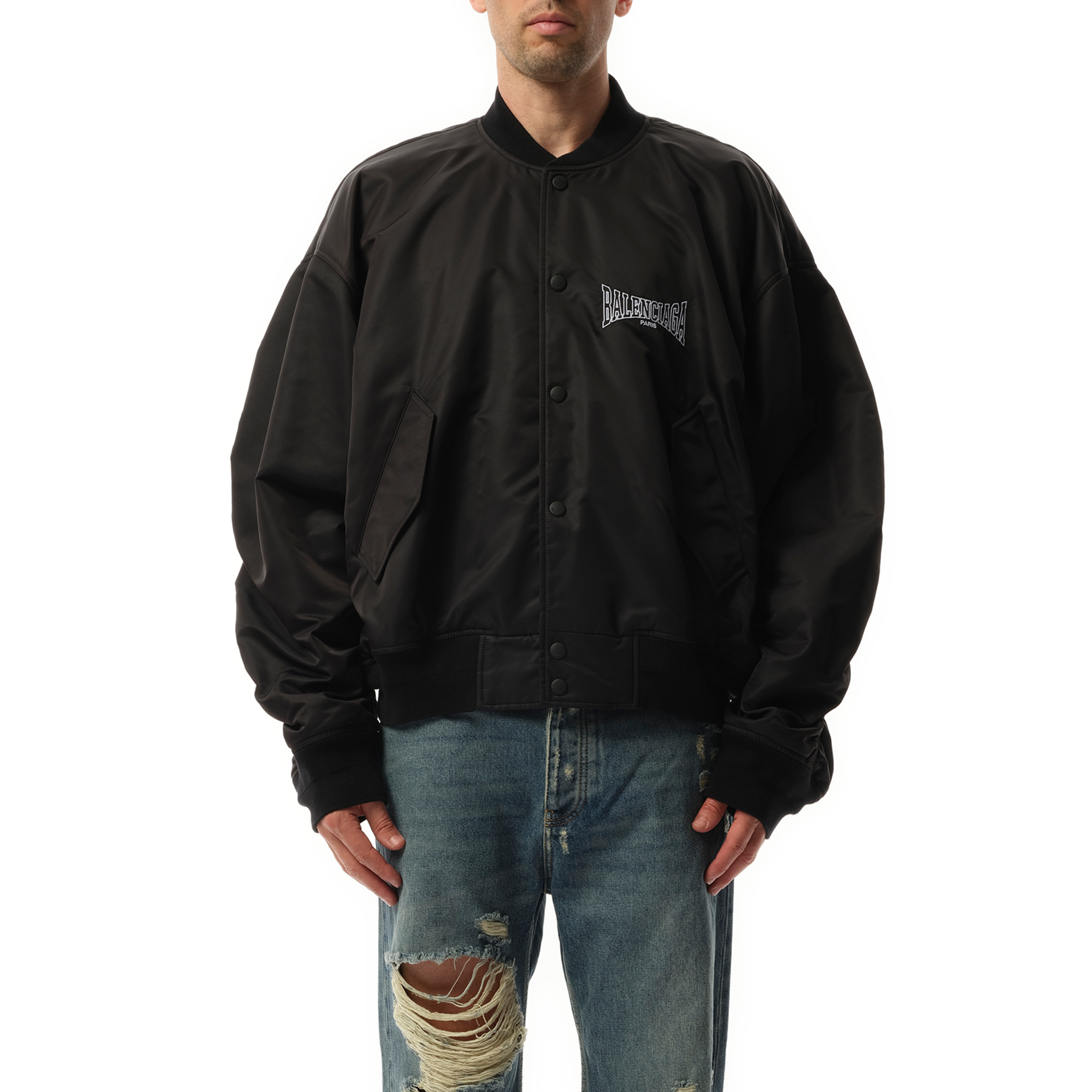 Nylon Bomber Varsity Jacket in Black