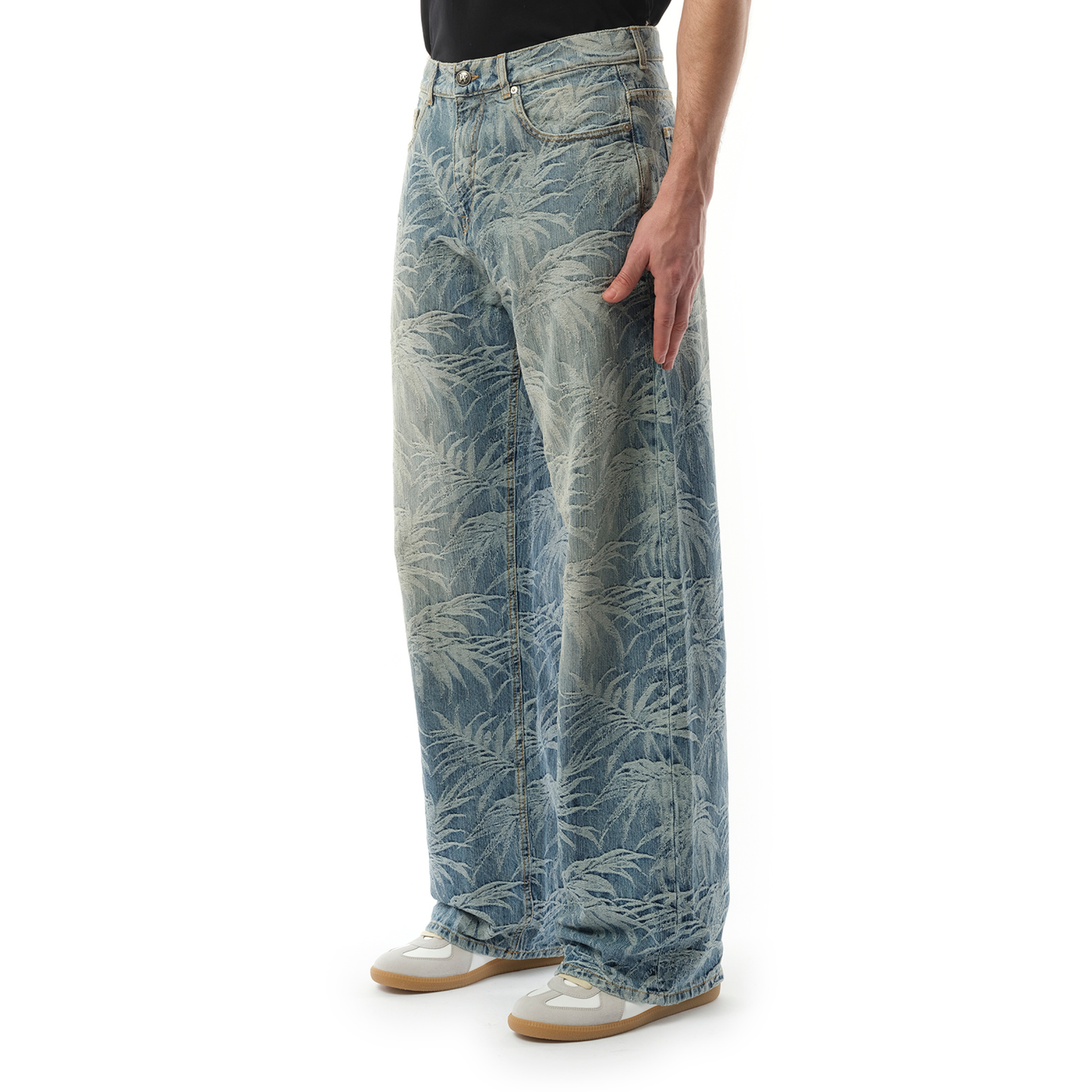 Loose 5 Pocket Palms Wash Denim Pants in Indigo Blue