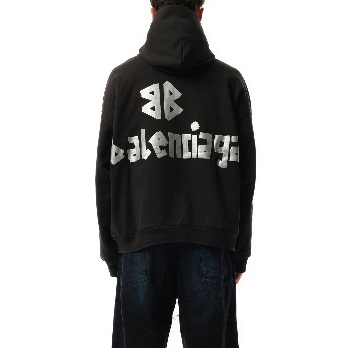 Tape Type Ripped Pocket Hoodie in Faded Black