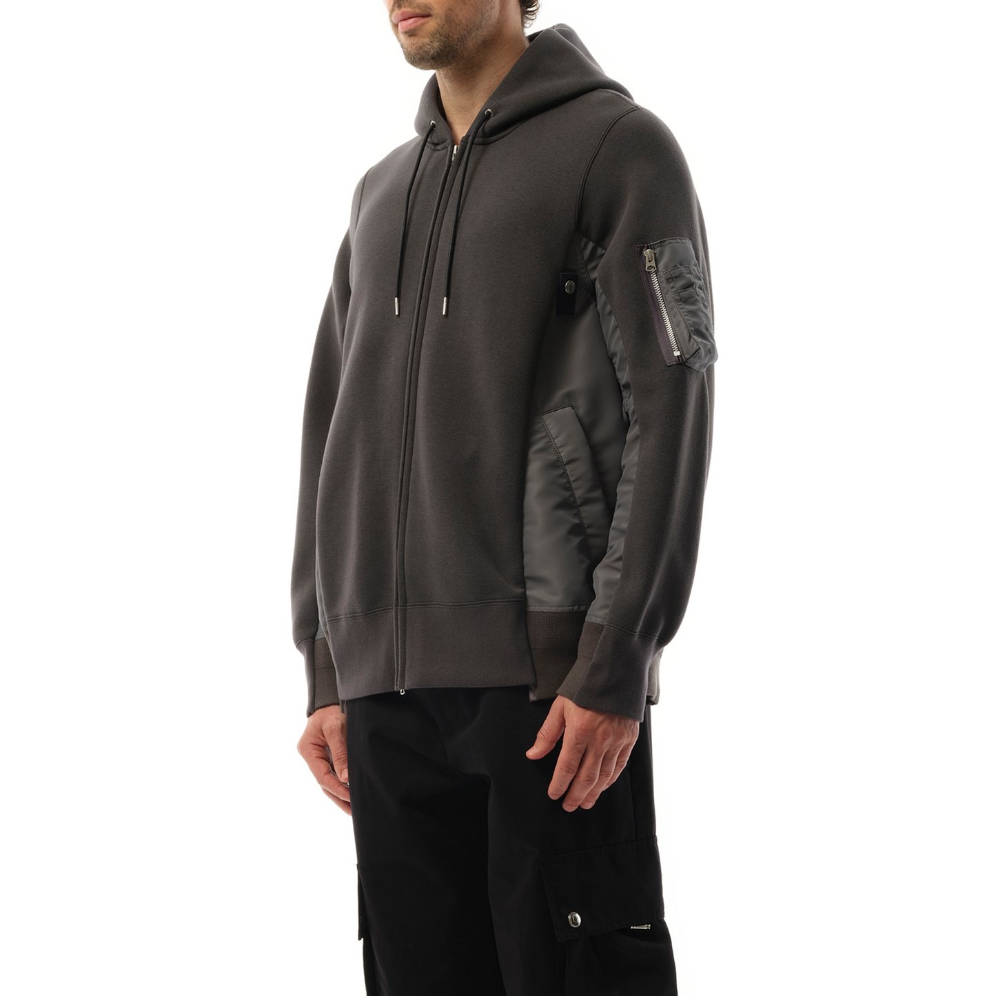 Sponge Sweat Nylon Twill Zip Hoodie in Charcoal Gray