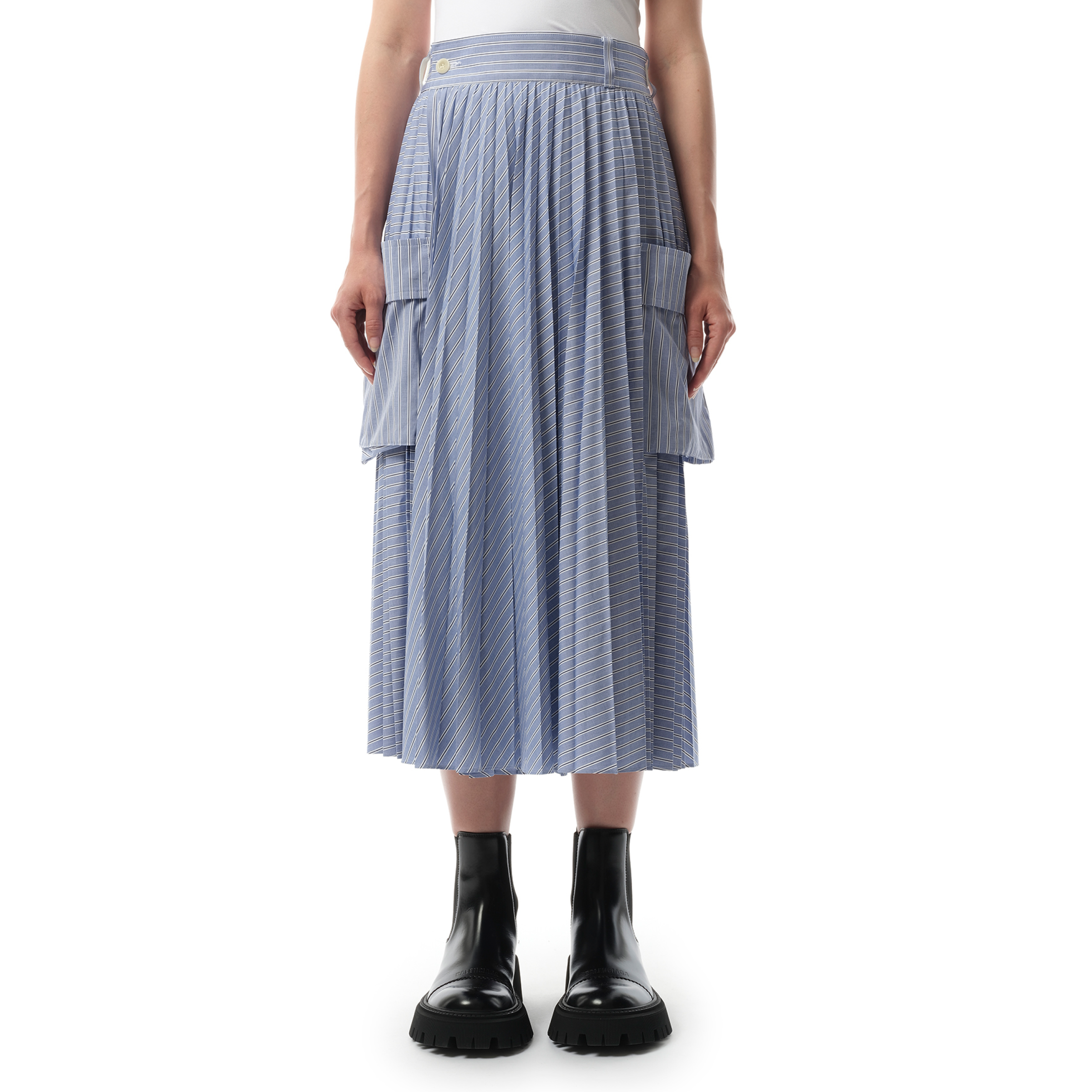 Cotton Poplin Stripe Skirt in Light Blue