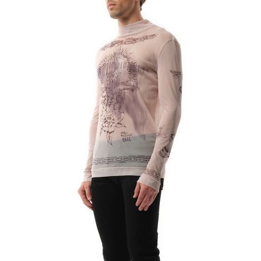 Tattoo Shrine Mesh Long Sleeve T-Shirt in Beige