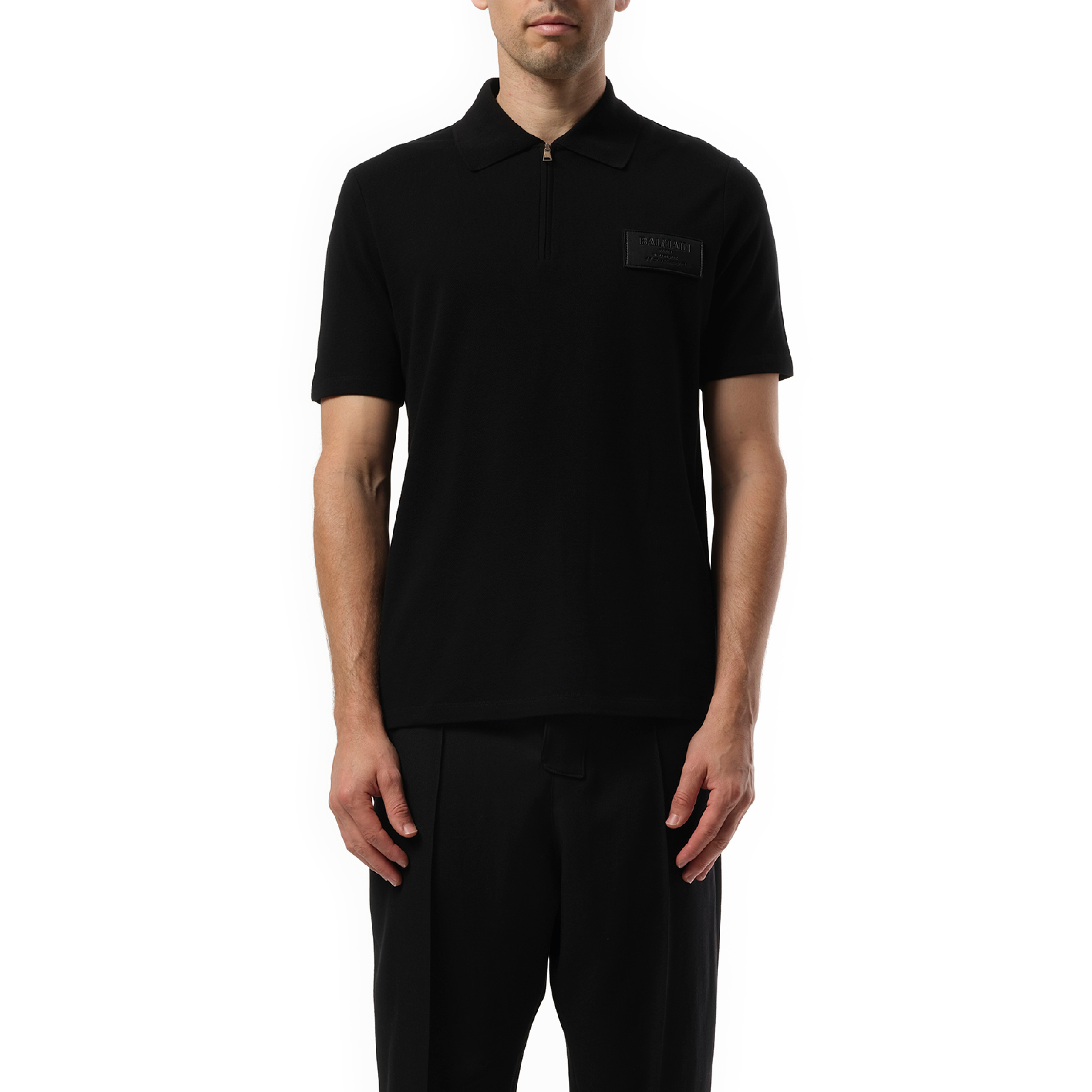 Small Leather Couture Label Zipped Polo in Black