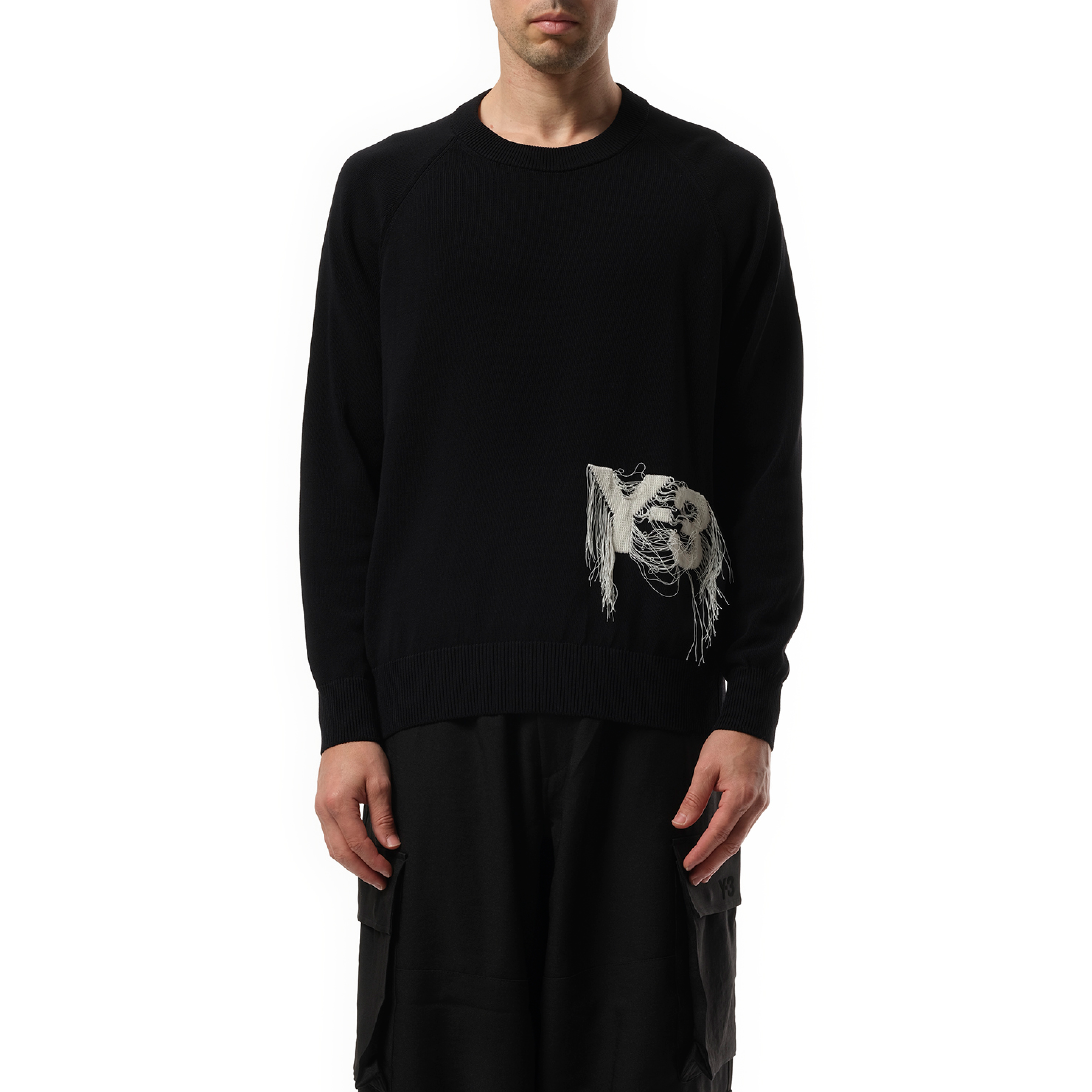 Frayed Logo Knit Sweater in Black