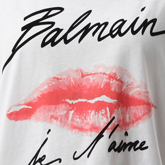 Balmain Kiss Print T-Shirt in White/Black/Red