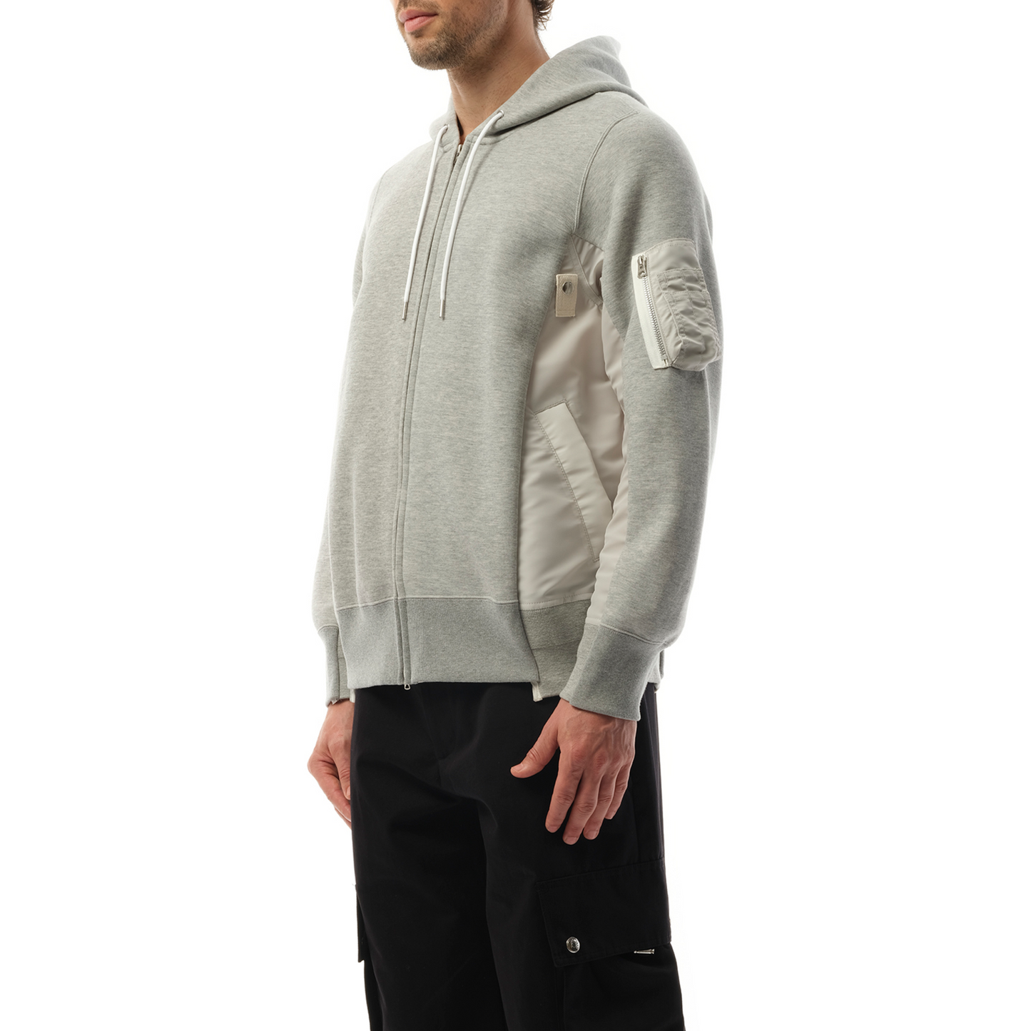 Sponge Sweat Nylon Twill Zip Hoodie in Light Gray