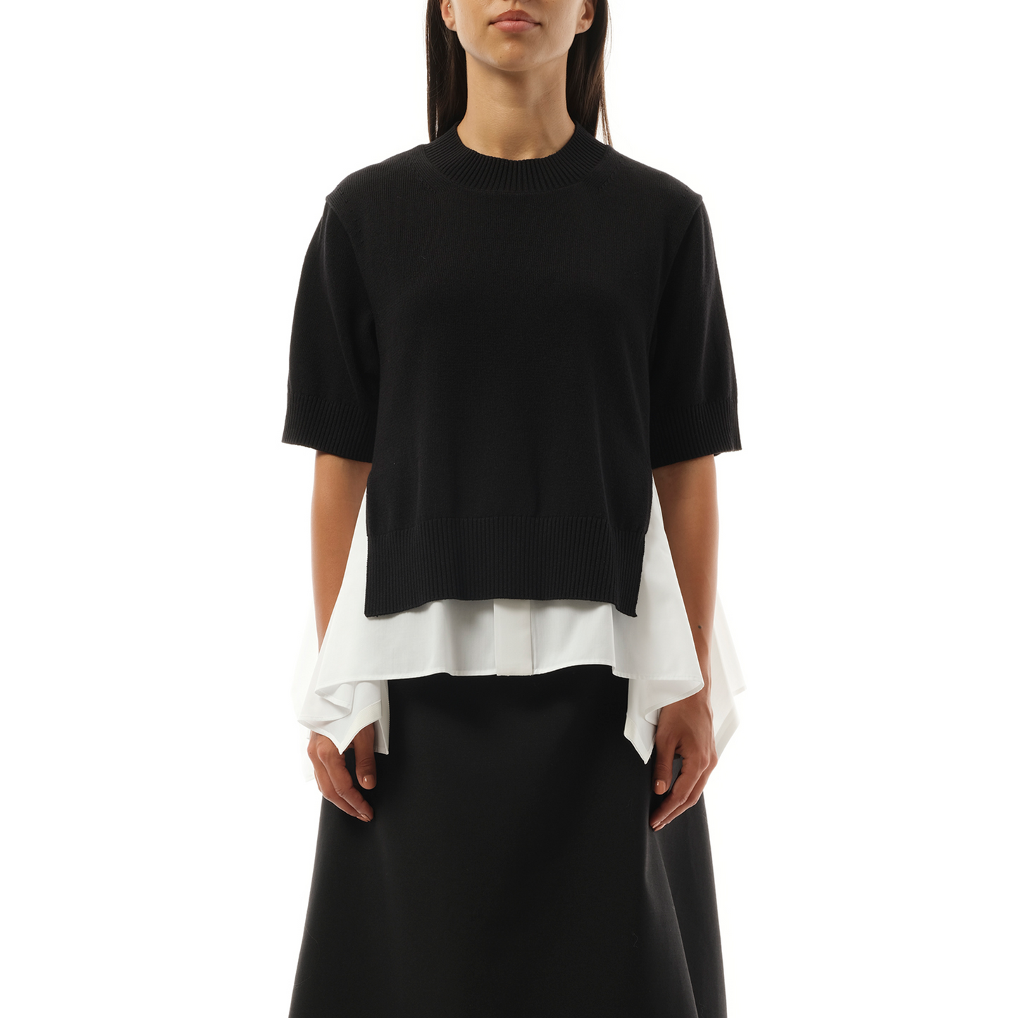 Cotton Poplin x Knit Pullover in Black/Off White