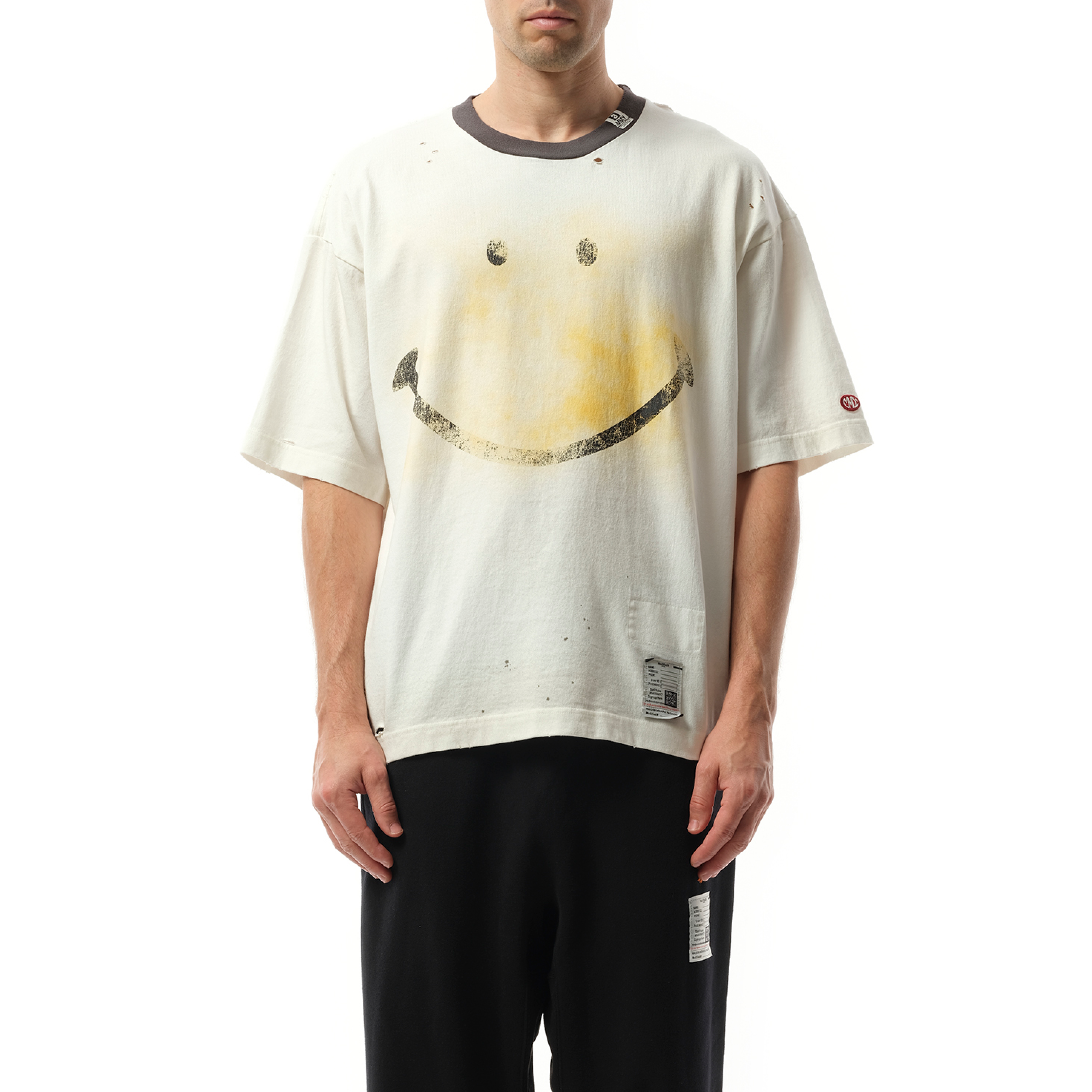 Smily Face Printed Distressed T-Shirt in White