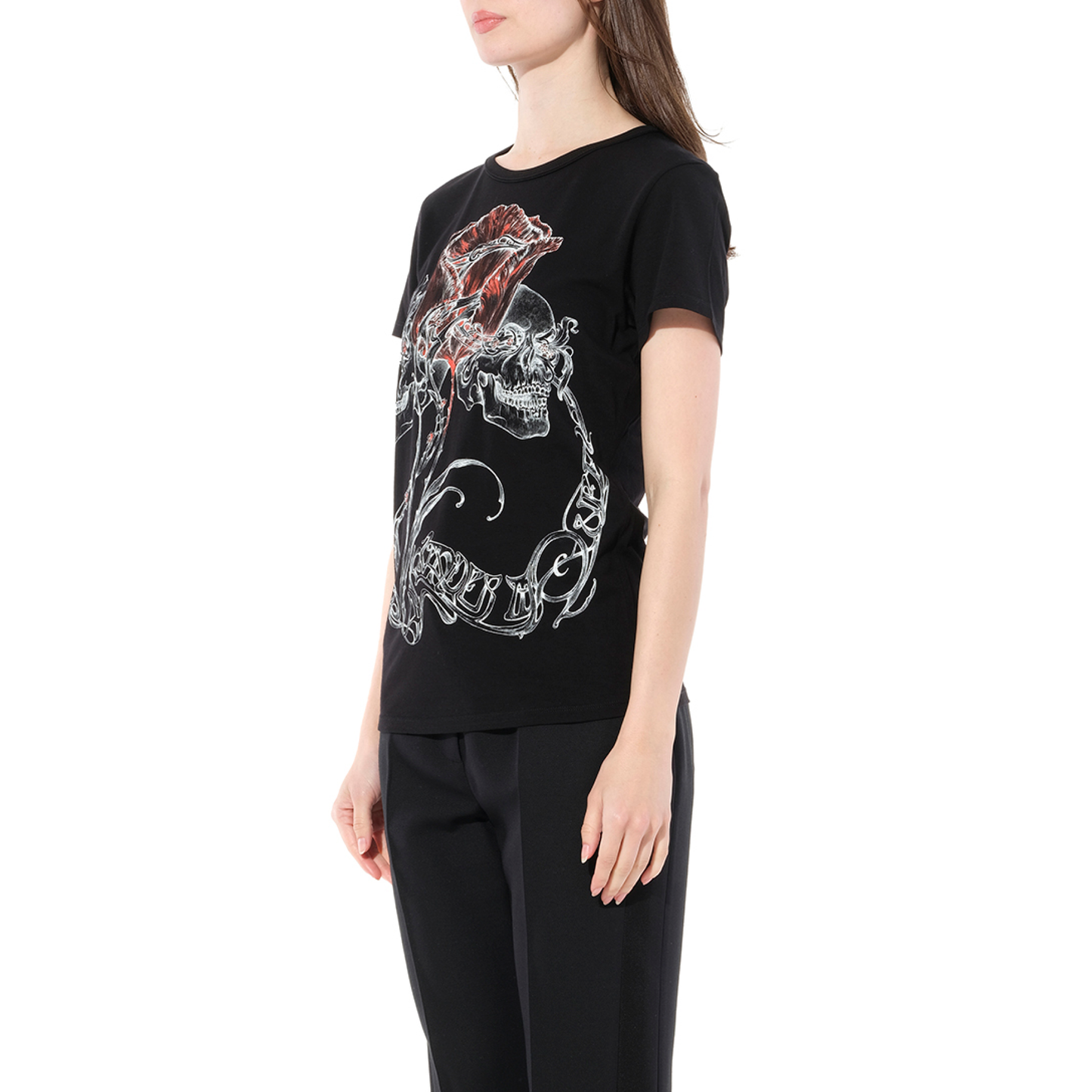 Skull and Rose Print T-Shirt in Black