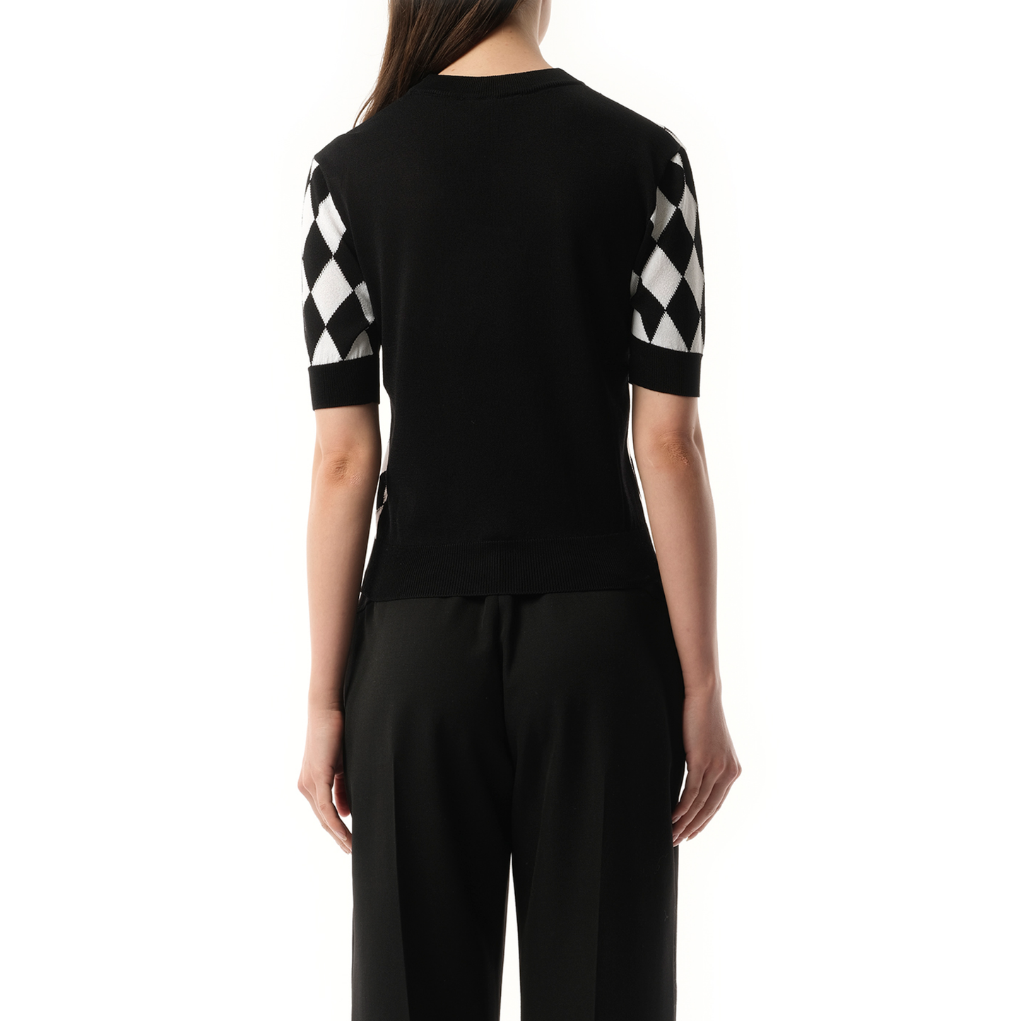 Short Sleeve Diamond Intarsia Knit Top in Black/White