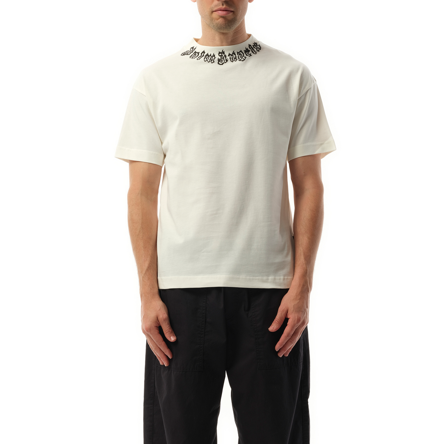 Palm Angels Neck Logo T-Shirt in Off White/Black