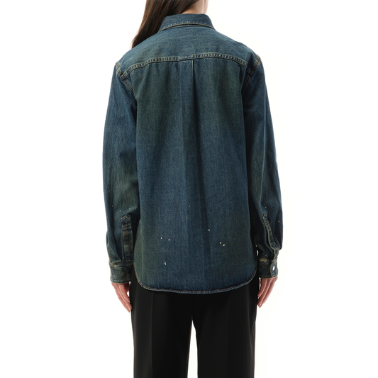 Women Painted Denim Shirt in Mid Indigo