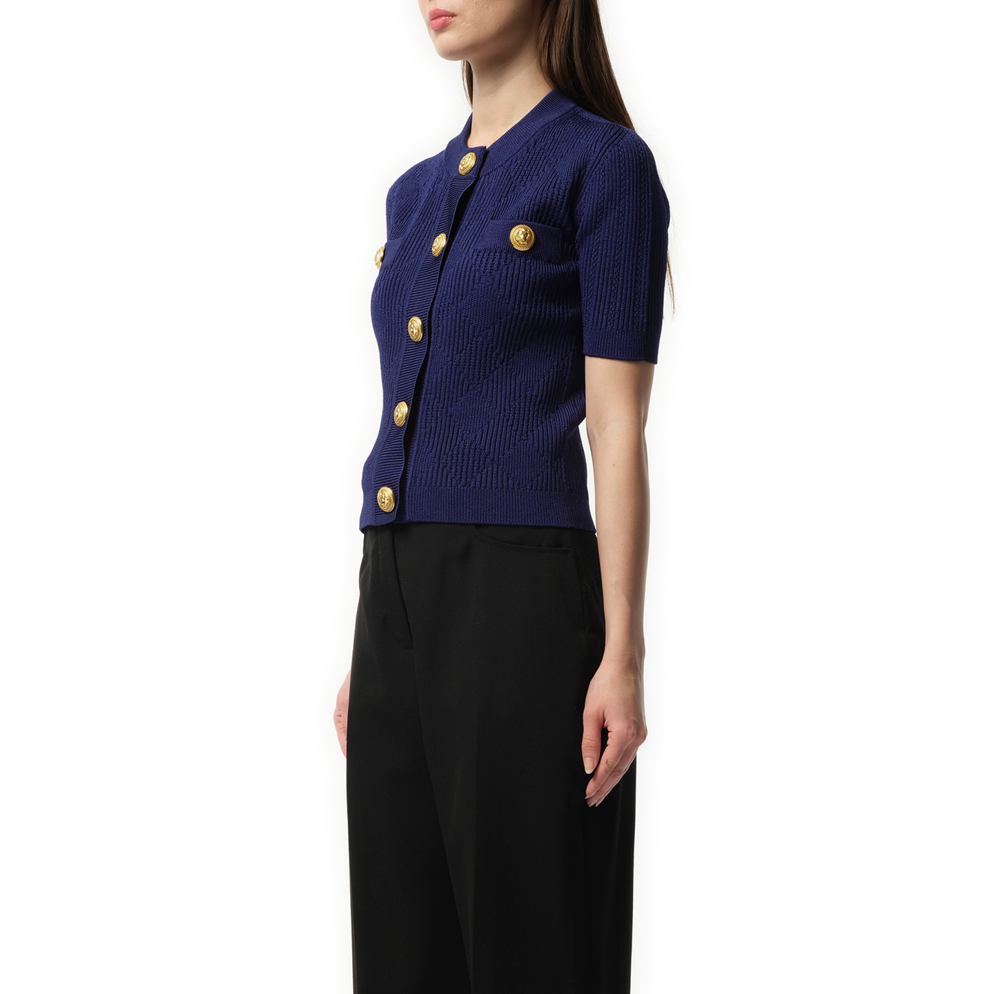 Buttoned 2 Pockets Vichy Knit Cardigan in Midnight Blue