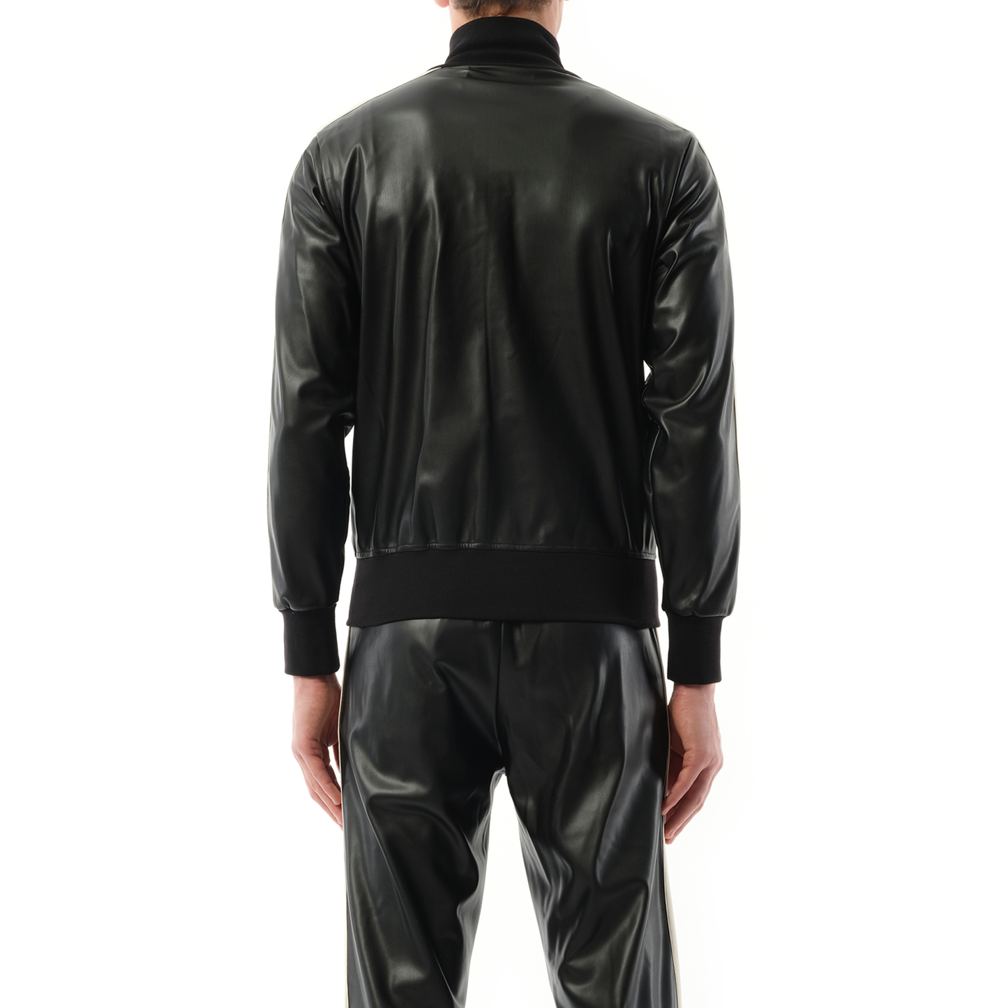 Leather Effect Track Jacket in Black/Off White