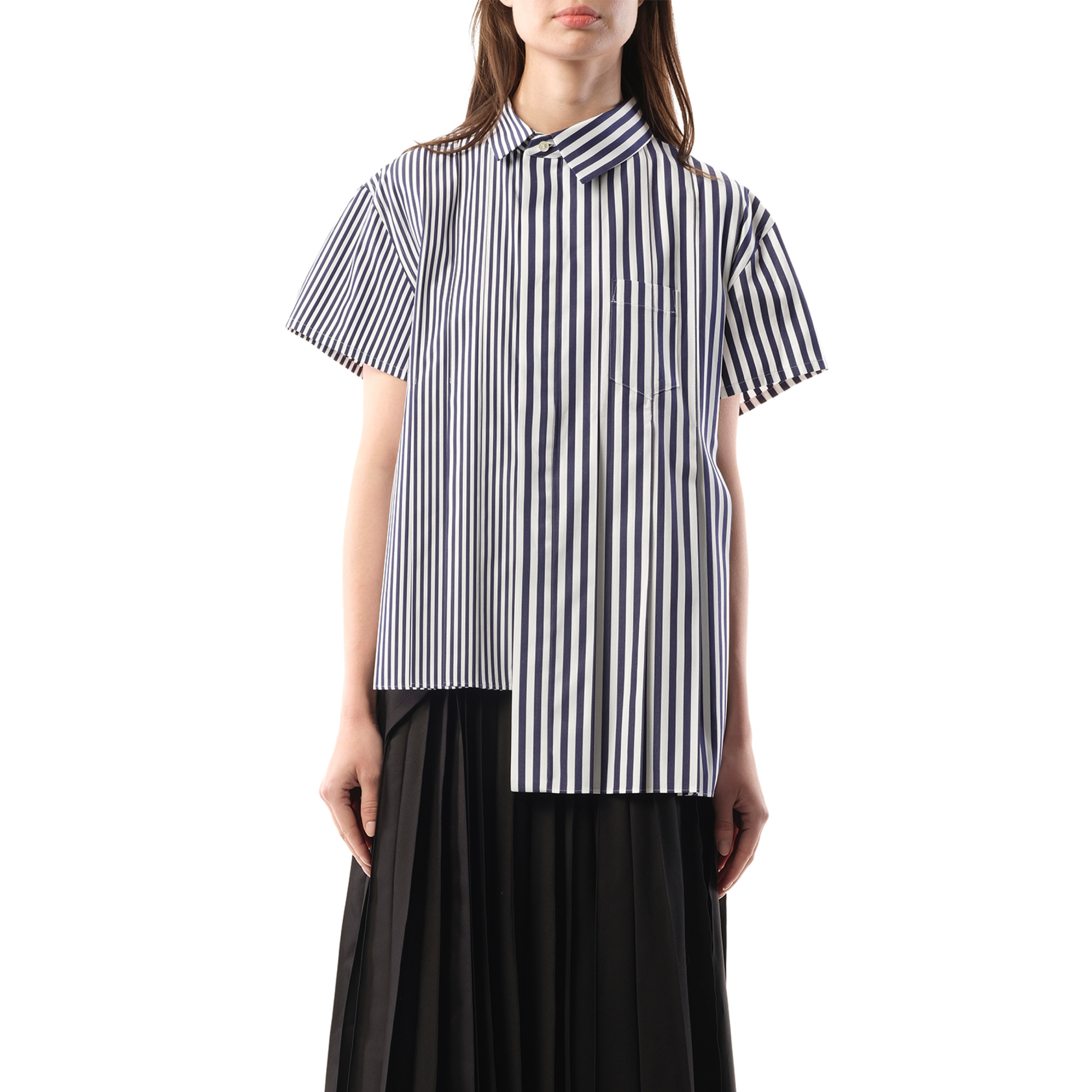 Asymmetric Cotton Poplin Shirt in Navy Stripe