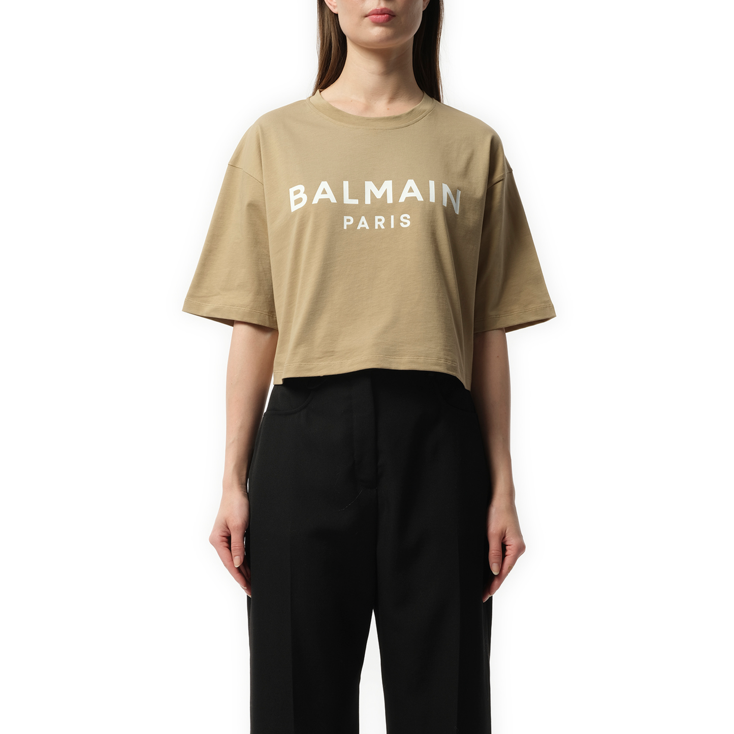 Balmain Printed Cropped T-Shirt in Beige/White