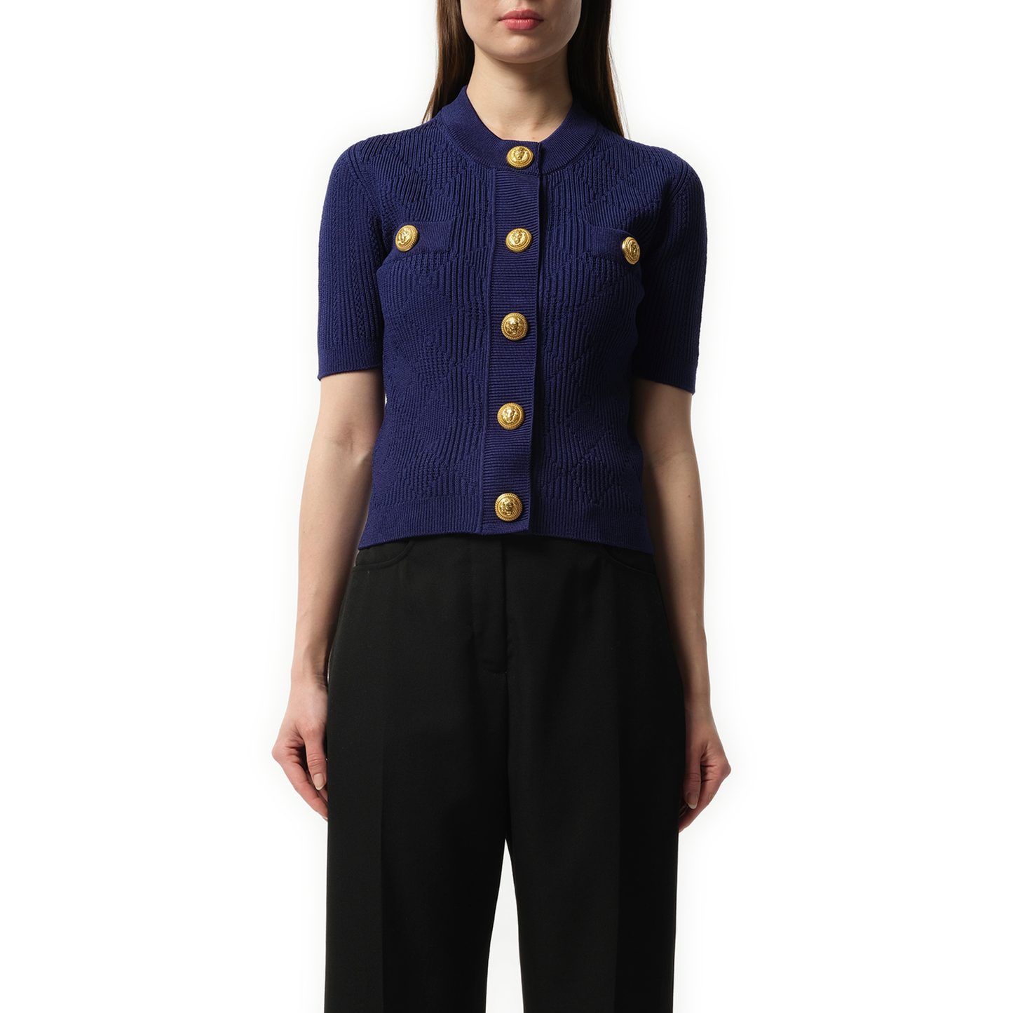 Buttoned 2 Pockets Vichy Knit Cardigan in Midnight Blue