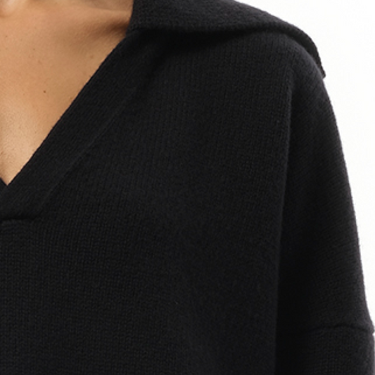 V-Neck Polo Sweater in Black