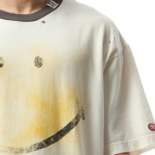 Smily Face Printed Distressed T-Shirt in White