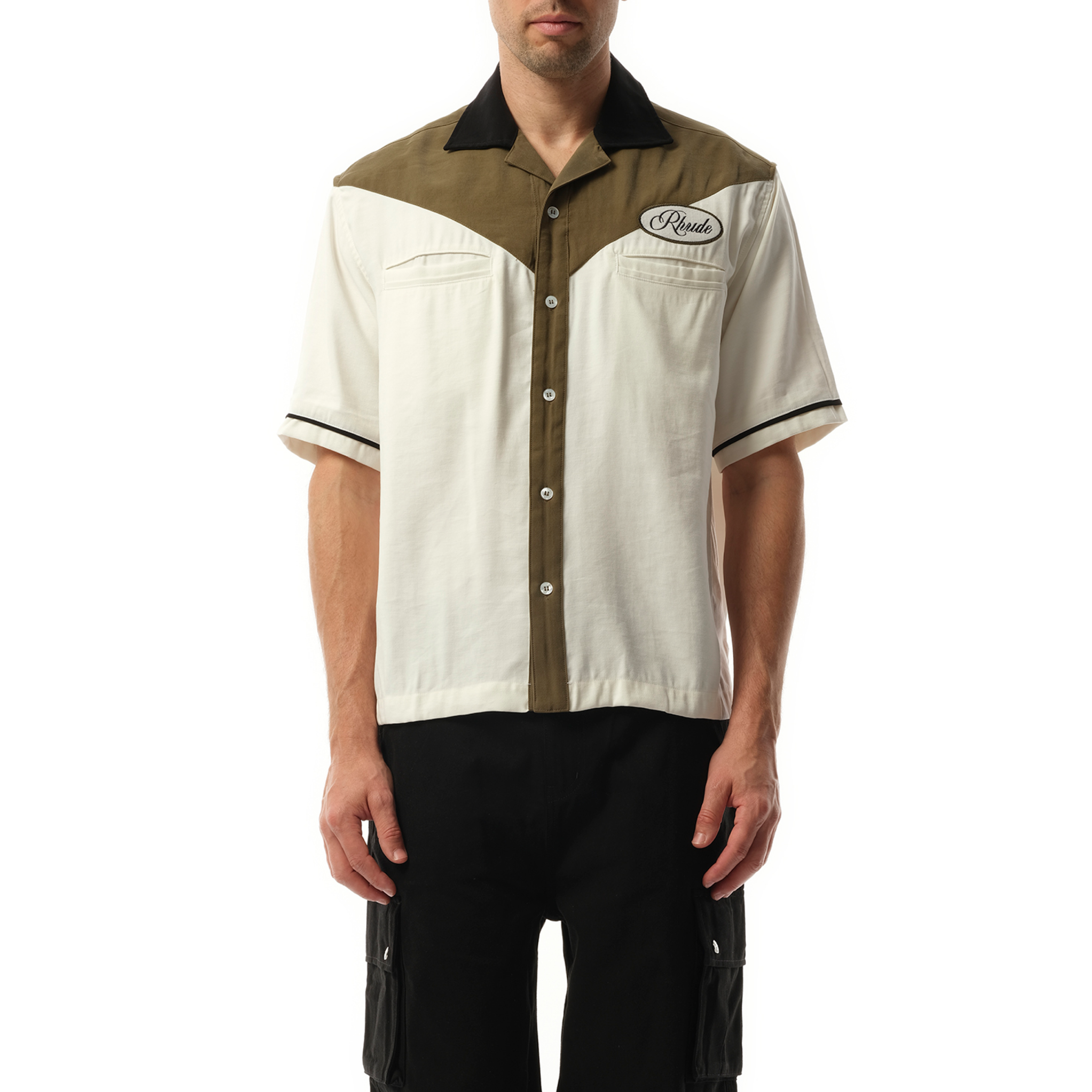 Town&Country Bowling Shirt in Military Green/Off White