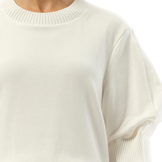 Denim Mix Knit Pullover in Off White