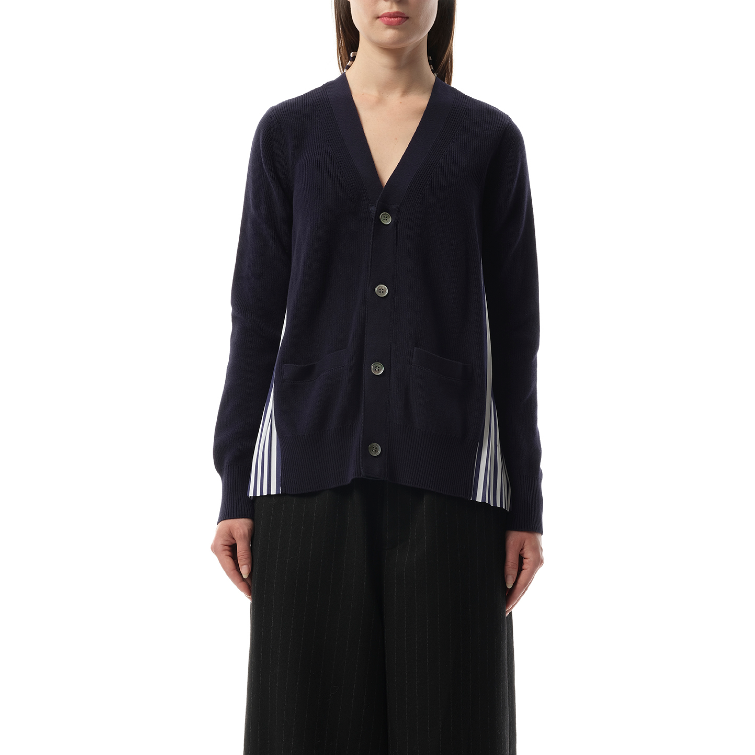 Cotton Knit x Cotton Poplin Cardigan in Navy