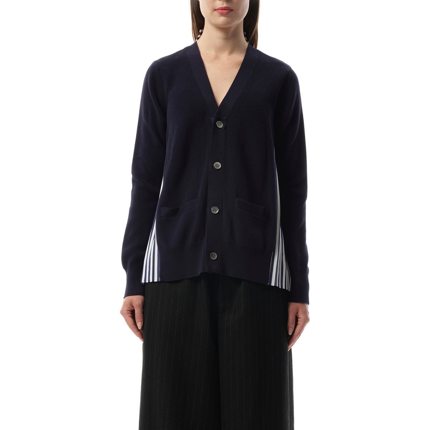 Cotton Knit x Cotton Poplin Cardigan in Navy