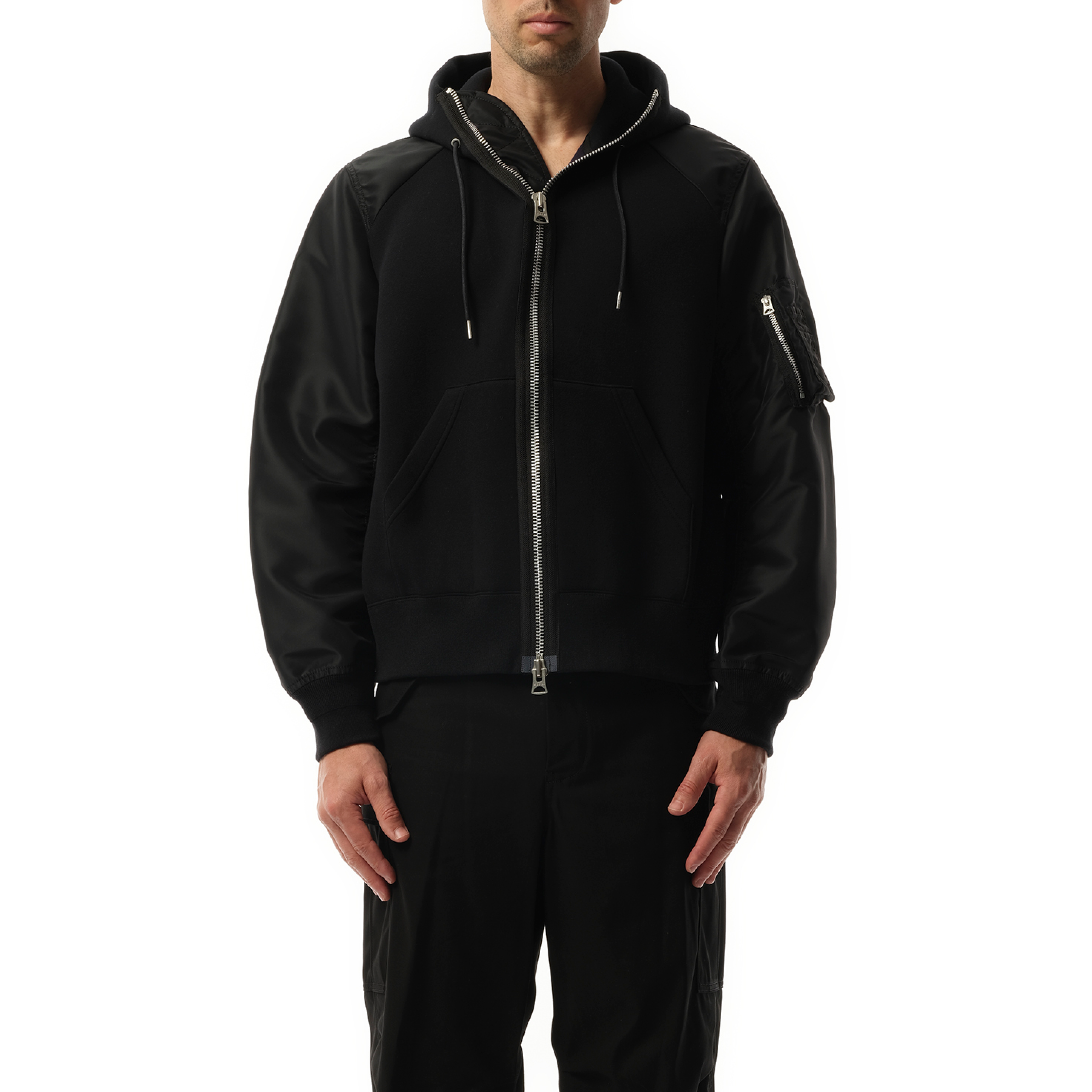 Sponge Sweat Nylon Zip Hoodie in Black