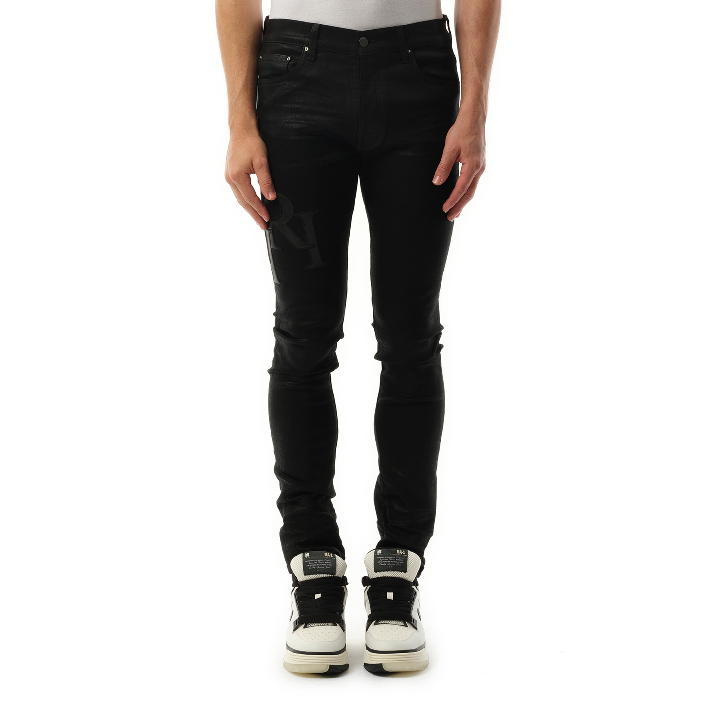 Waxed Staggered Logo Skinny Jeans in Black Wax