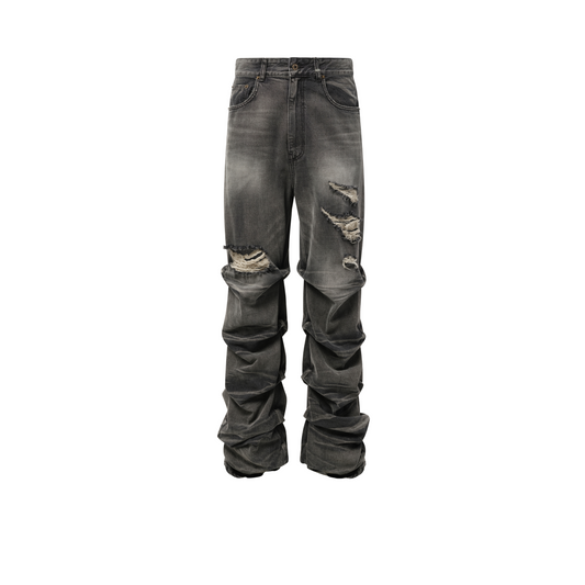 Wrinkled Straight Denim Trousers in Black