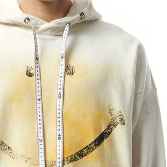 Smily Face Printed Distressed Hoodie in White