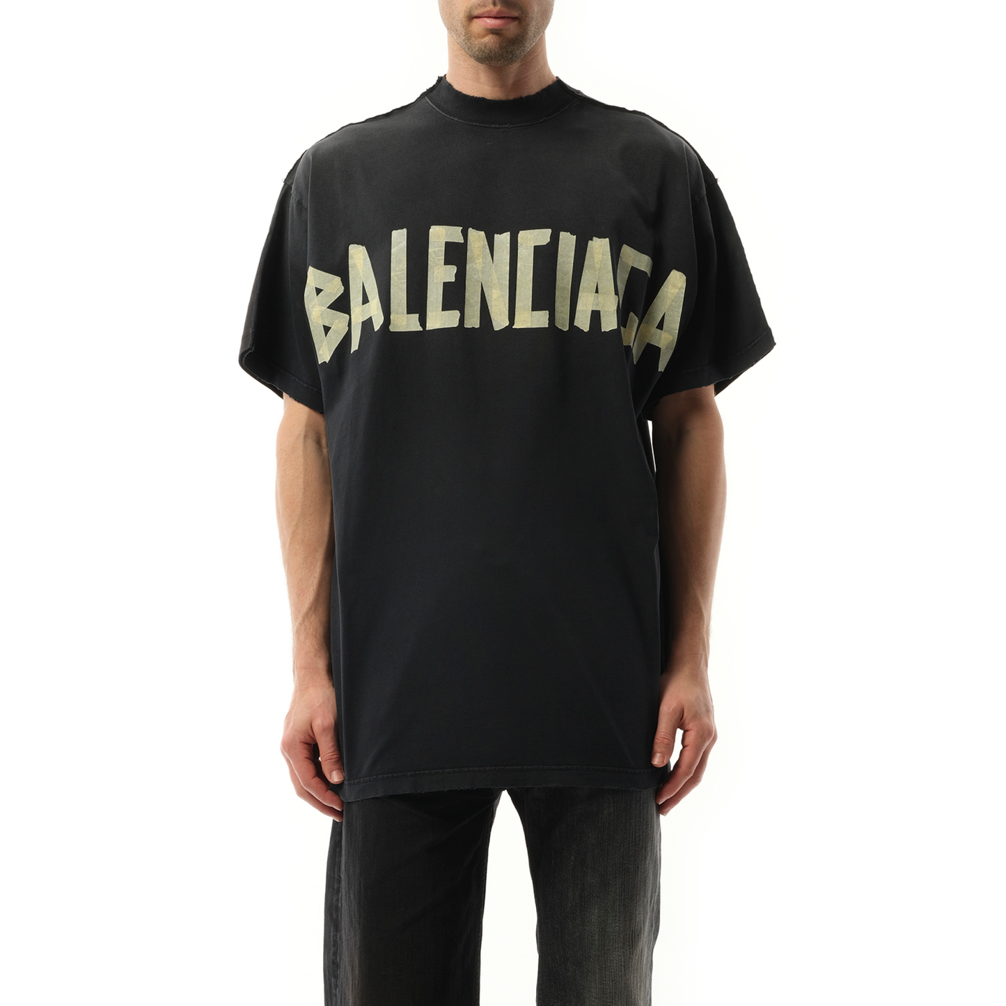 Tape Type Double Front T-Shirt in Washed Black